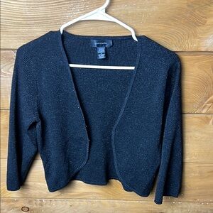 Pointelle Women’s Black‎ Open-Front Sweater L Cardigan silk metallic nylon blend